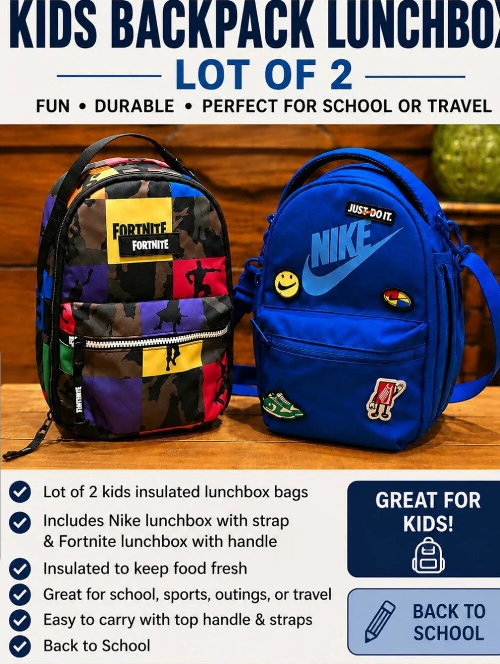 Great set of 2 insulated kids lunchbox bags! NIKE & FORTNITE.